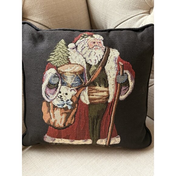 2 Santa Christmas Tapestry Pillows Black Background  Vintage Style 12” Each - Picture 3 of 12